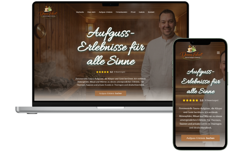 Aufguss-Erlebnis Dennis Eckert – Website-Vorschau auf Desktop und Mobil