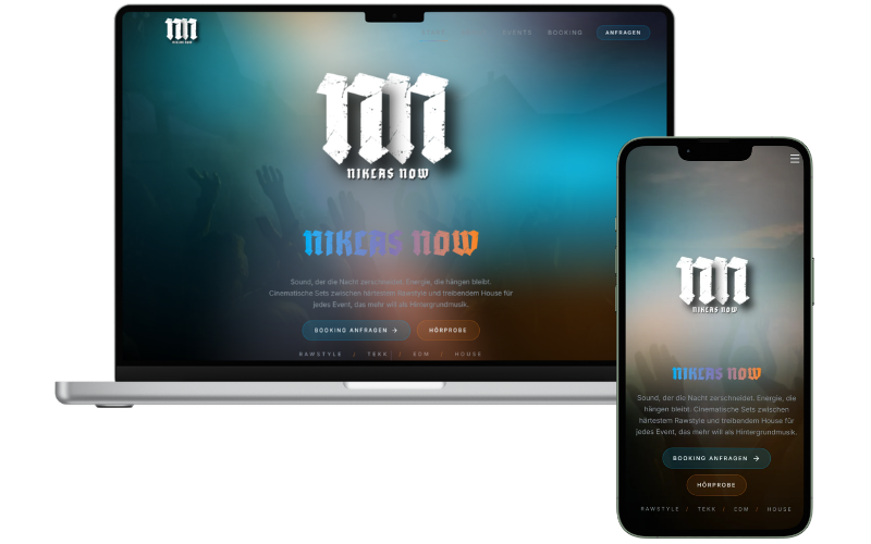 Nikas Now – Website-Vorschau auf Desktop und Mobil